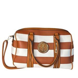 Brown White Striped Satchel Purse Medallion Accent Shoulder Handbag